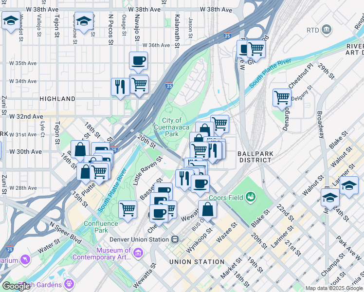map of restaurants, bars, coffee shops, grocery stores, and more near 2000 Little Raven Street in Denver