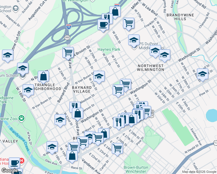 map of restaurants, bars, coffee shops, grocery stores, and more near 2810 North Monroe Street in Wilmington