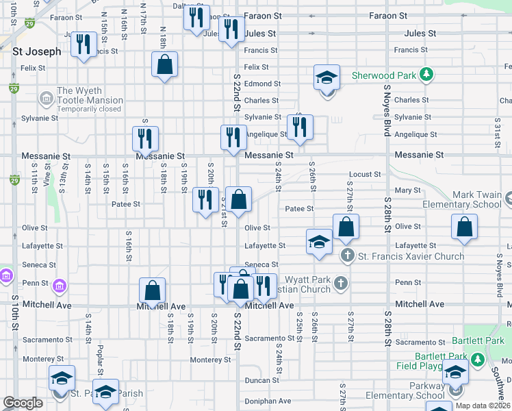 map of restaurants, bars, coffee shops, grocery stores, and more near 701 South 22nd Street in Saint Joseph