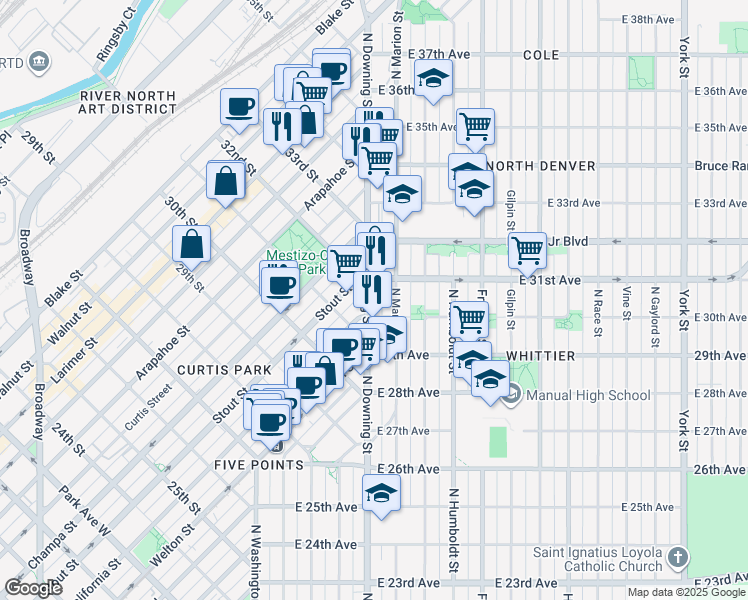 map of restaurants, bars, coffee shops, grocery stores, and more near 3090 North Downing Street in Denver