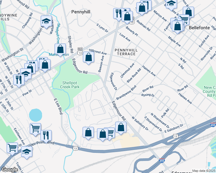 map of restaurants, bars, coffee shops, grocery stores, and more near 401 Edgemoor Road in Wilmington