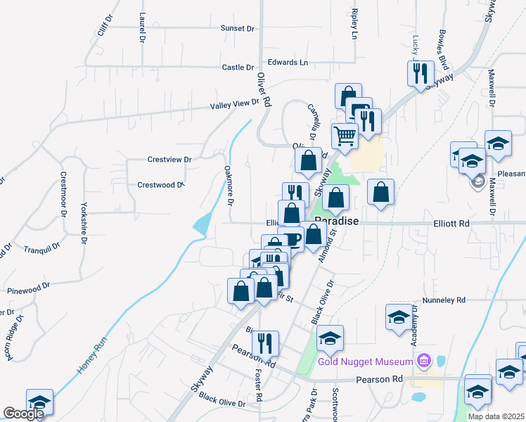 map of restaurants, bars, coffee shops, grocery stores, and more near 5885 Pine Circle in Paradise