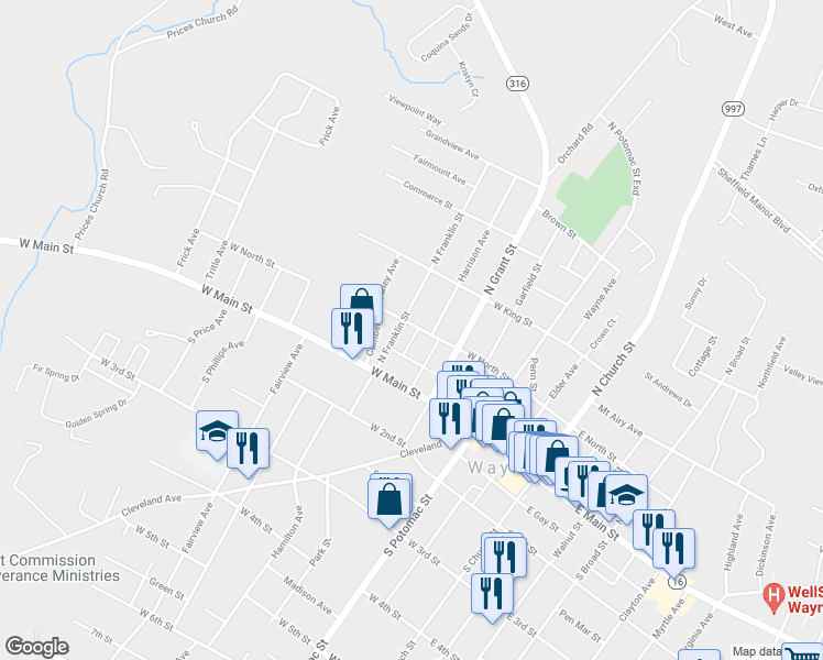 map of restaurants, bars, coffee shops, grocery stores, and more near 246 West North Street in Waynesboro