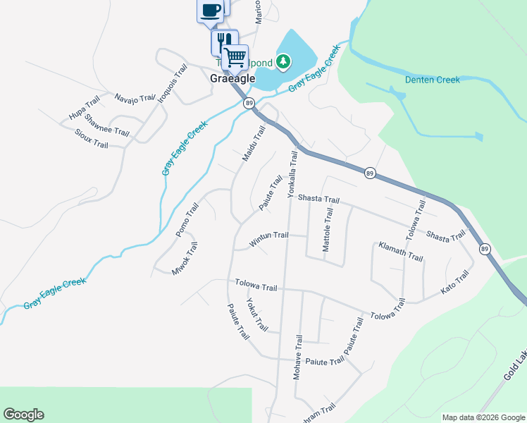 map of restaurants, bars, coffee shops, grocery stores, and more near 2-8 Paiute Trail in Graeagle