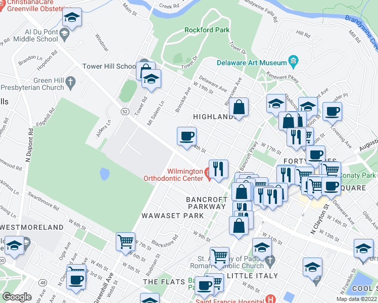 map of restaurants, bars, coffee shops, grocery stores, and more near 1400 Clinton Street in Wilmington