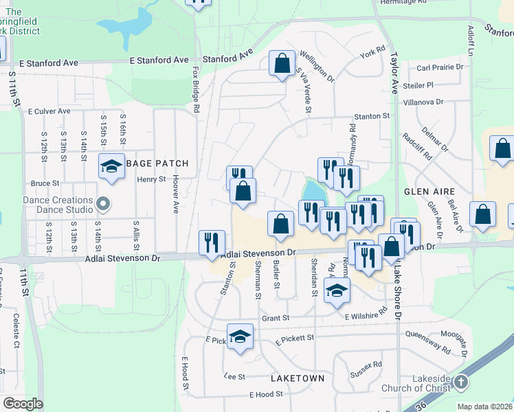 map of restaurants, bars, coffee shops, grocery stores, and more near 3105 Butler Street in Springfield