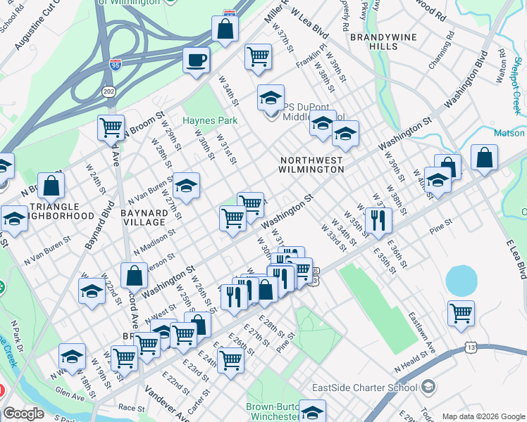 map of restaurants, bars, coffee shops, grocery stores, and more near in Wilmington