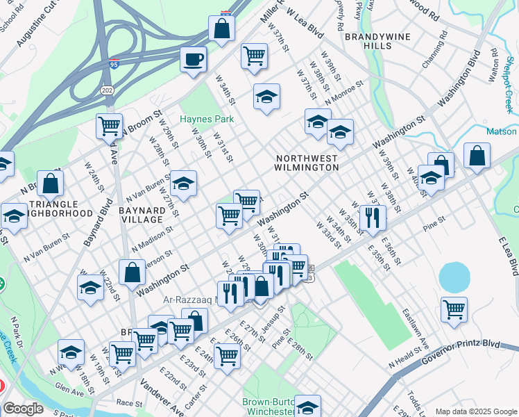 map of restaurants, bars, coffee shops, grocery stores, and more near in Wilmington