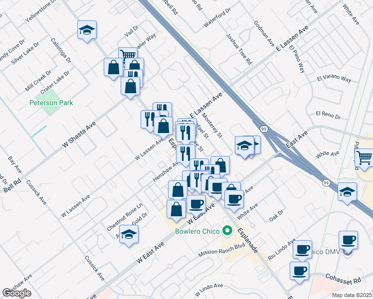 map of restaurants, bars, coffee shops, grocery stores, and more near 2730 Esplanade in Chico