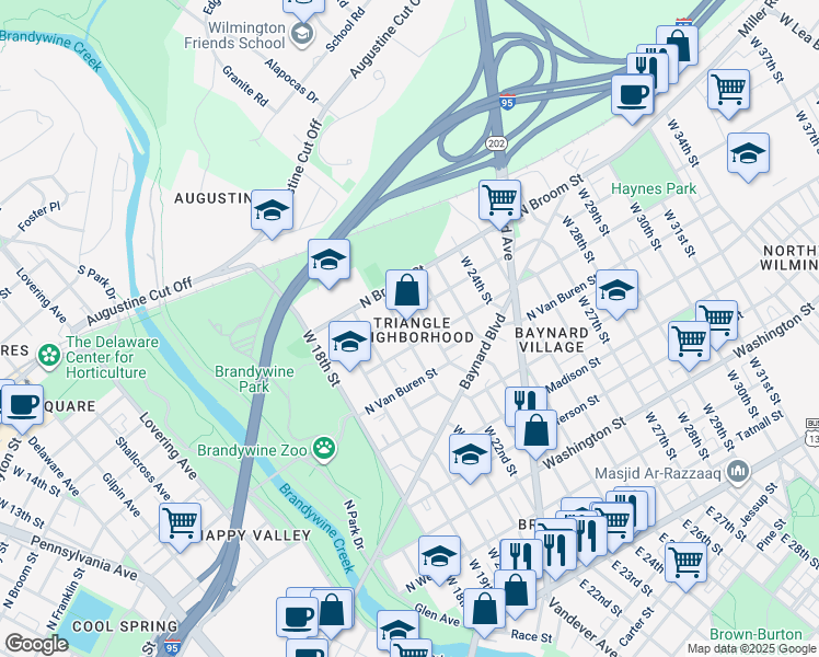 map of restaurants, bars, coffee shops, grocery stores, and more near 803 West 21st Street in Wilmington