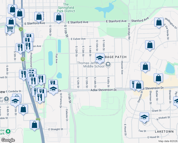 map of restaurants, bars, coffee shops, grocery stores, and more near 3001-3099 S 13th St in Springfield