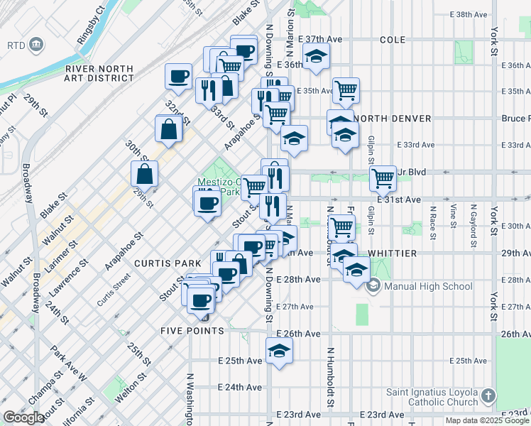 map of restaurants, bars, coffee shops, grocery stores, and more near 3033 North Downing Street in Denver