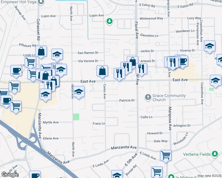 map of restaurants, bars, coffee shops, grocery stores, and more near 30 Casa Del Rey Court in Chico
