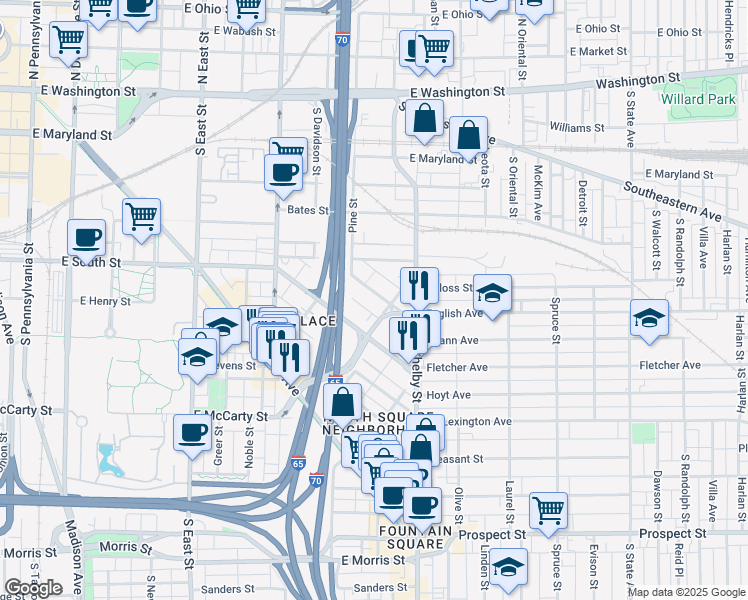 map of restaurants, bars, coffee shops, grocery stores, and more near 938 English Avenue in Indianapolis