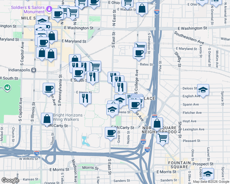 map of restaurants, bars, coffee shops, grocery stores, and more near 411 Virginia Avenue in Indianapolis