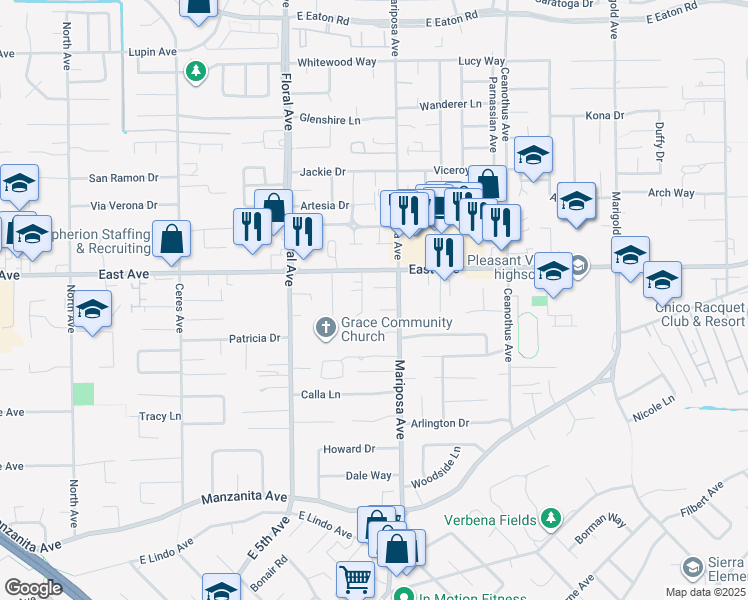 map of restaurants, bars, coffee shops, grocery stores, and more near 3 Harrier Lane in Chico