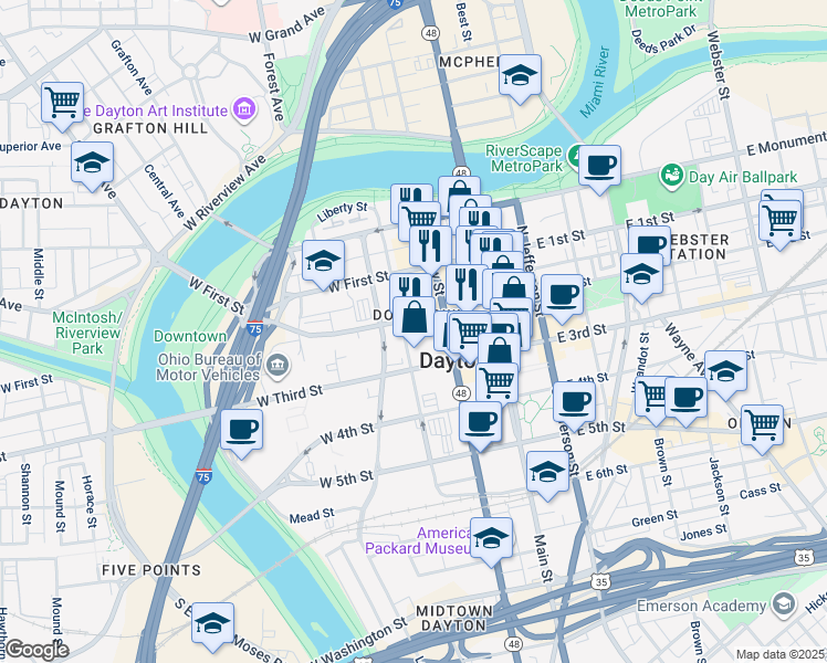 map of restaurants, bars, coffee shops, grocery stores, and more near in Dayton