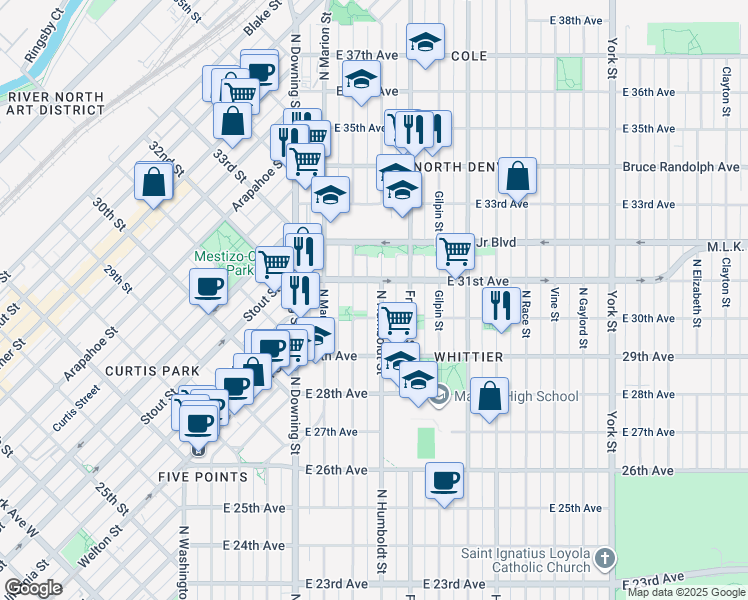 map of restaurants, bars, coffee shops, grocery stores, and more near 3053 Humboldt Street in Denver