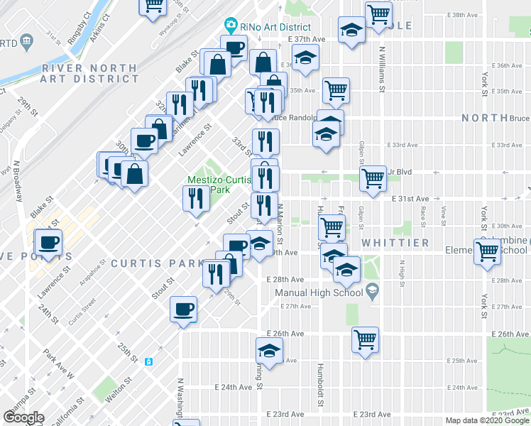 map of restaurants, bars, coffee shops, grocery stores, and more near 3090 North Downing Street in Denver
