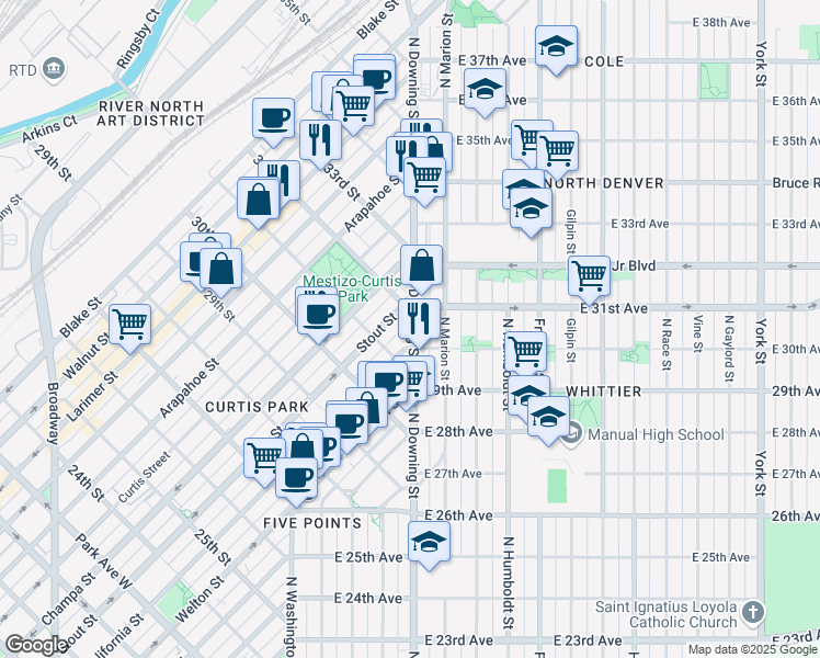 map of restaurants, bars, coffee shops, grocery stores, and more near 3090 North Downing Street in Denver