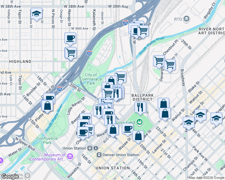 map of restaurants, bars, coffee shops, grocery stores, and more near 3100 N Inca Street in Denver