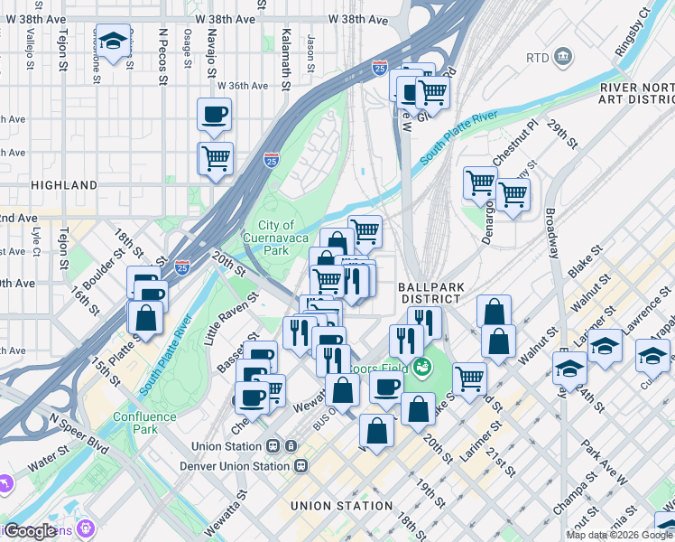 map of restaurants, bars, coffee shops, grocery stores, and more near 3100 N Inca Street in Denver