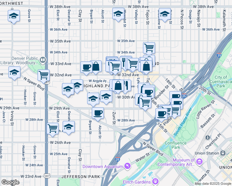 map of restaurants, bars, coffee shops, grocery stores, and more near 2320 West 31st Avenue in Denver