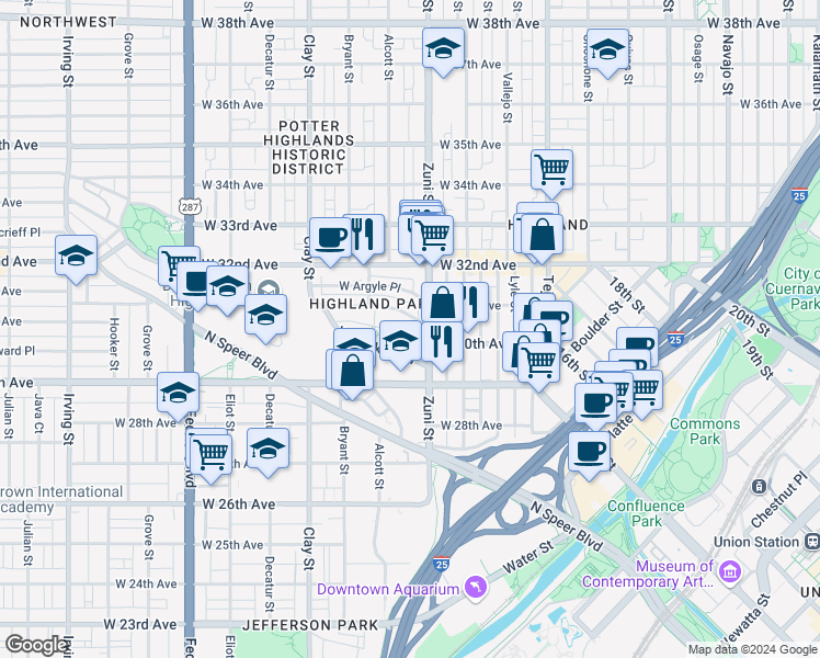 map of restaurants, bars, coffee shops, grocery stores, and more near in Denver