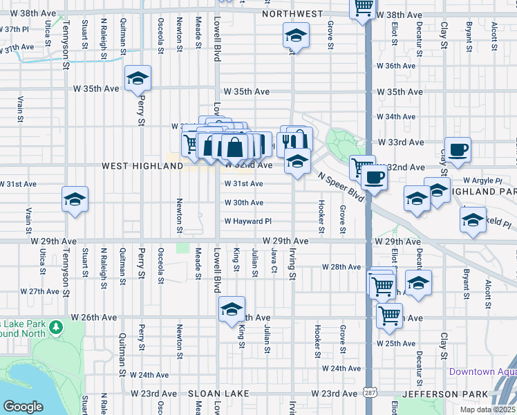 map of restaurants, bars, coffee shops, grocery stores, and more near 3365 West 30th Avenue in Denver