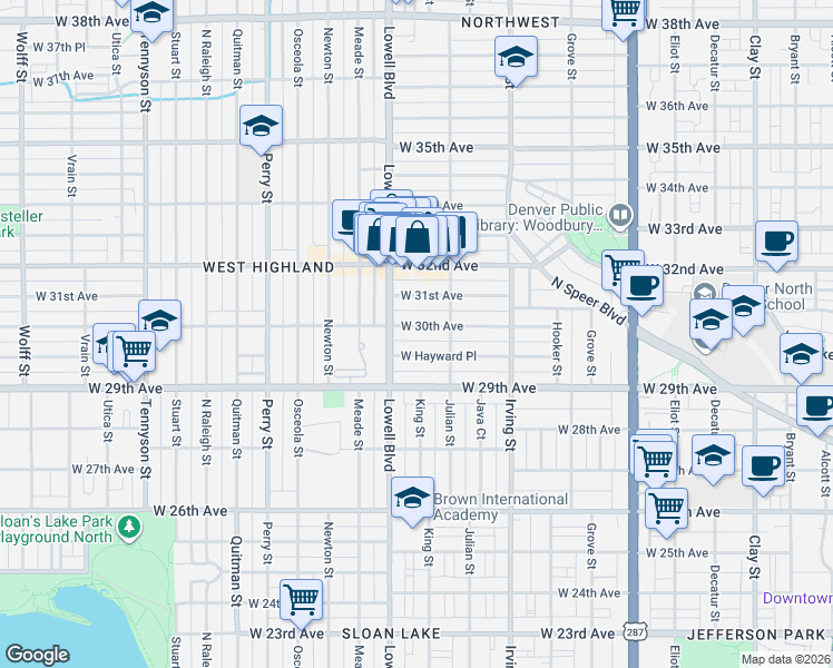 map of restaurants, bars, coffee shops, grocery stores, and more near 3425 West 30th Avenue in Denver