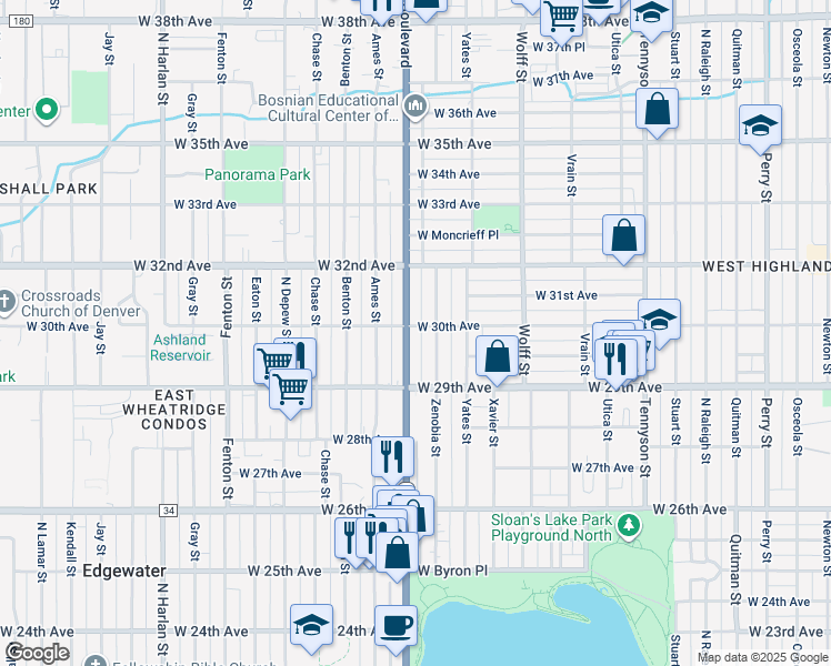 map of restaurants, bars, coffee shops, grocery stores, and more near 3001 Zenobia Street in Denver