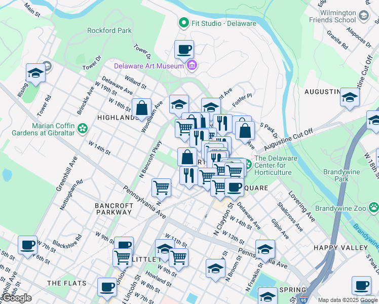 map of restaurants, bars, coffee shops, grocery stores, and more near in Wilmington