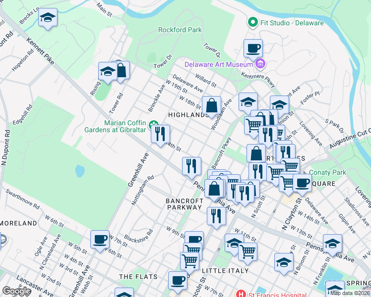 map of restaurants, bars, coffee shops, grocery stores, and more near 1413 Hamilton Street in Wilmington