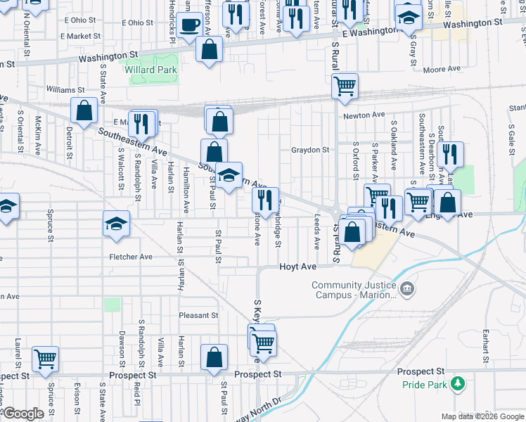 map of restaurants, bars, coffee shops, grocery stores, and more near 443 South Keystone Avenue in Indianapolis