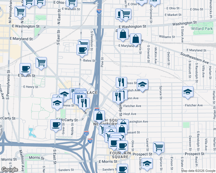 map of restaurants, bars, coffee shops, grocery stores, and more near 938 English Avenue in Indianapolis