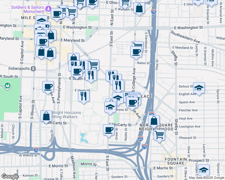 map of restaurants, bars, coffee shops, grocery stores, and more near 411 Virginia Avenue in Indianapolis