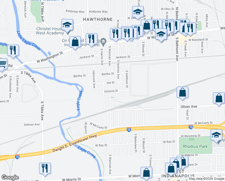 map of restaurants, bars, coffee shops, grocery stores, and more near 417 South Warman Avenue in Indianapolis