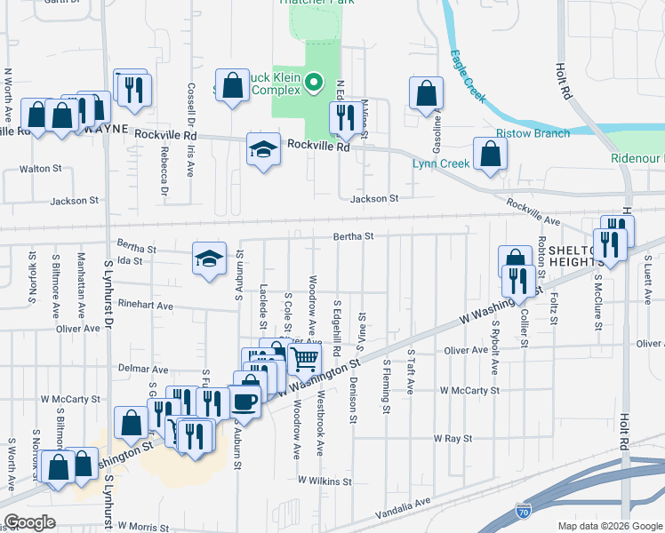map of restaurants, bars, coffee shops, grocery stores, and more near 326 South Edgehill Road in Indianapolis