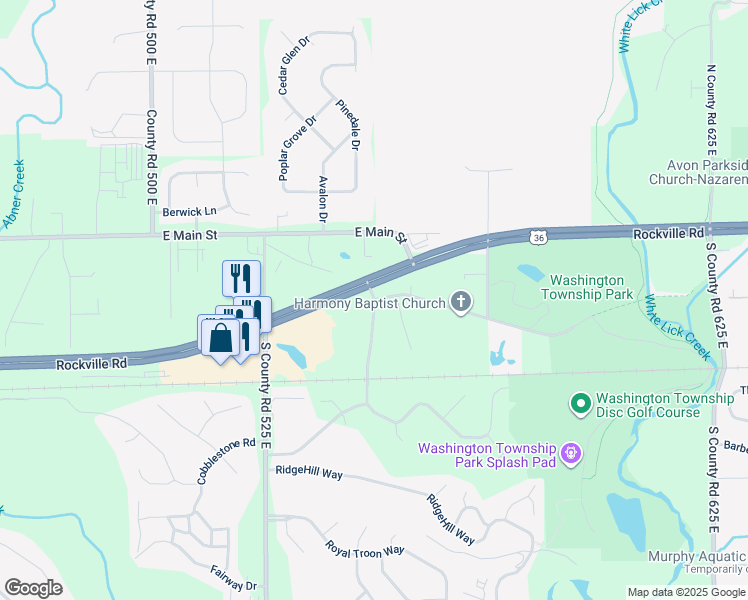 map of restaurants, bars, coffee shops, grocery stores, and more near 2 South County Road 550 East in Avon