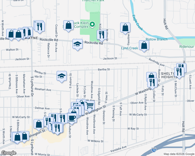 map of restaurants, bars, coffee shops, grocery stores, and more near 326 South Edgehill Road in Indianapolis