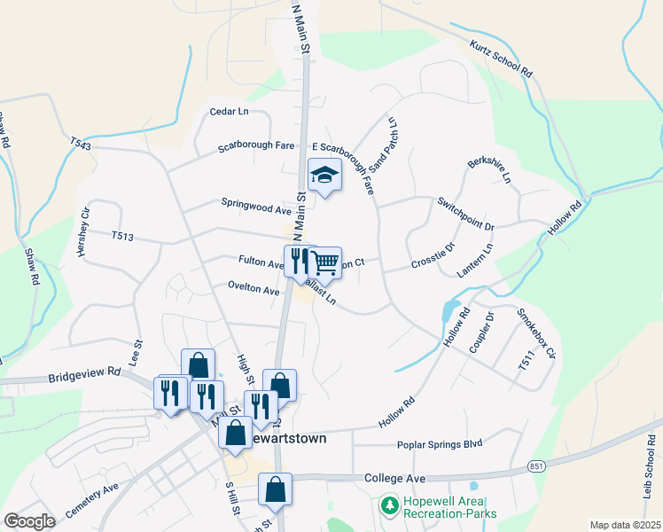 map of restaurants, bars, coffee shops, grocery stores, and more near 27 Piston Court in Stewartstown