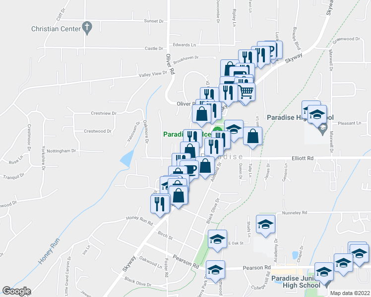 map of restaurants, bars, coffee shops, grocery stores, and more near 6553 Skyway in Paradise