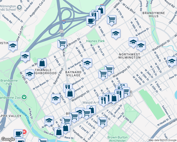 map of restaurants, bars, coffee shops, grocery stores, and more near 510 West 28th Street in Wilmington