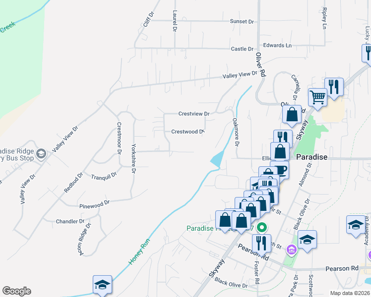 map of restaurants, bars, coffee shops, grocery stores, and more near 503 Nottingham Drive in Paradise