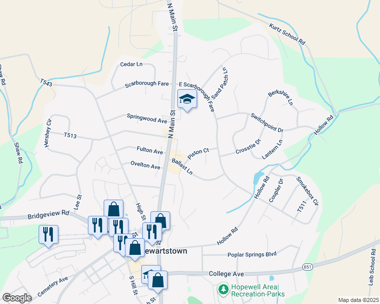 map of restaurants, bars, coffee shops, grocery stores, and more near 27 Piston Court in Stewartstown