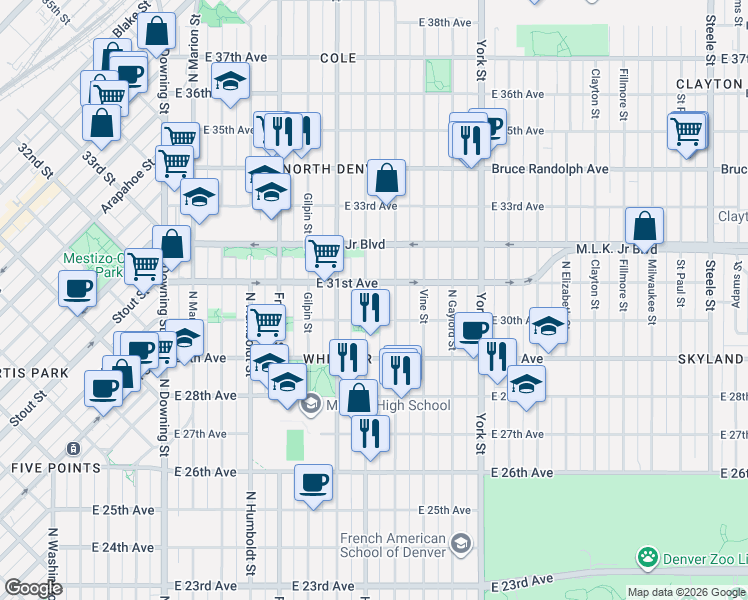 map of restaurants, bars, coffee shops, grocery stores, and more near 3055 Race Street in Denver