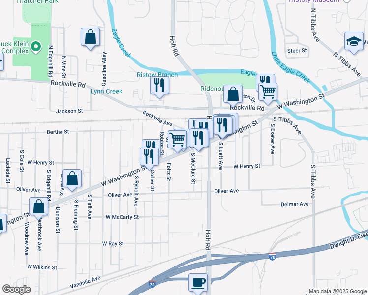 map of restaurants, bars, coffee shops, grocery stores, and more near 3842 West Washington Street in Indianapolis