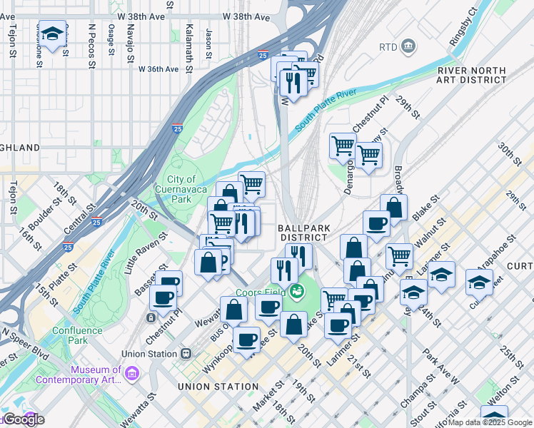 map of restaurants, bars, coffee shops, grocery stores, and more near 3056 Fox Street in Denver
