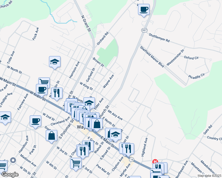 map of restaurants, bars, coffee shops, grocery stores, and more near 212 Crown Court in Waynesboro
