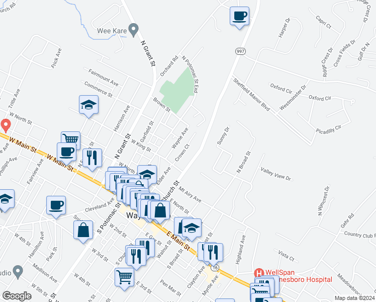 map of restaurants, bars, coffee shops, grocery stores, and more near 215 Crown Court in Waynesboro